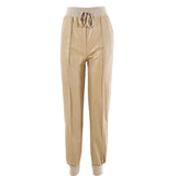Women PU Leather Pants Fashion Street Lady Elastic Waist Pencil Pants Autumn Drawstring Sweatpants Pockets Cool Trousers GV109