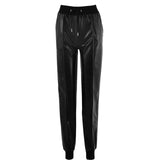 Women PU Leather Pants Fashion Street Lady Elastic Waist Pencil Pants Autumn Drawstring Sweatpants Pockets Cool Trousers GV109