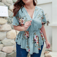 Chiffon Blouse 2020 Summer Women Clothing Peplum Tops V-Neck Causal Zipper Blusas Boho Floral Printed 4XL Plus Size Shirts M0544