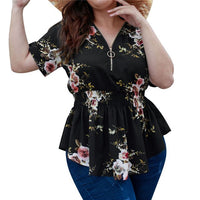 Chiffon Blouse 2020 Summer Women Clothing Peplum Tops V-Neck Causal Zipper Blusas Boho Floral Printed 4XL Plus Size Shirts M0544