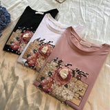 2021 Summer Women's T-shirt Short Sleeve Cotton Floral Print Female T-shirts Pearl Appliques 3D Beading O Neck Casual Elegant