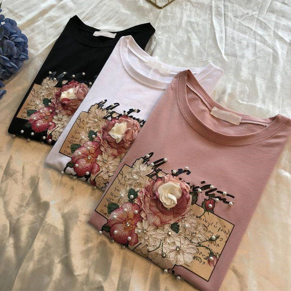 2021 Summer Women's T-shirt Short Sleeve Cotton Floral Print Female T-shirts Pearl Appliques 3D Beading O Neck Casual Elegant