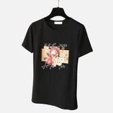 2021 Summer Women's T-shirt Short Sleeve Cotton Floral Print Female T-shirts Pearl Appliques 3D Beading O Neck Casual Elegant