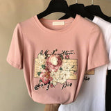 2021 Summer Women's T-shirt Short Sleeve Cotton Floral Print Female T-shirts Pearl Appliques 3D Beading O Neck Casual Elegant