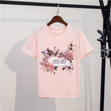 2021 Summer Women's T-shirt Short Sleeve Cotton Floral Print Female T-shirts Pearl Appliques 3D Beading O Neck Casual Elegant
