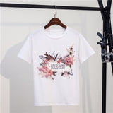 2021 Summer Women's T-shirt Short Sleeve Cotton Floral Print Female T-shirts Pearl Appliques 3D Beading O Neck Casual Elegant