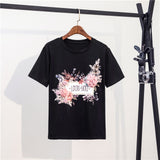 2021 Summer Women's T-shirt Short Sleeve Cotton Floral Print Female T-shirts Pearl Appliques 3D Beading O Neck Casual Elegant