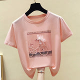 2021 Summer Women's T-shirt Short Sleeve Cotton Floral Print Female T-shirts Pearl Appliques 3D Beading O Neck Casual Elegant