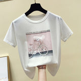 2021 Summer Women's T-shirt Short Sleeve Cotton Floral Print Female T-shirts Pearl Appliques 3D Beading O Neck Casual Elegant