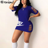 Black Dress Women Summer Half Sleeve O-neck Hole Letter Print Fashion Plus Size Dress Evening Party Sexy Dress Female Mini