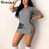 Black Dress Women Summer Half Sleeve O-neck Hole Letter Print Fashion Plus Size Dress Evening Party Sexy Dress Female Mini