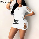 Black Dress Women Summer Half Sleeve O-neck Hole Letter Print Fashion Plus Size Dress Evening Party Sexy Dress Female Mini