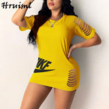 Black Dress Women Summer Half Sleeve O-neck Hole Letter Print Fashion Plus Size Dress Evening Party Sexy Dress Female Mini