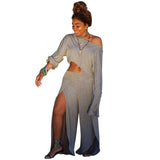 Casual 2 Piece Matching Set Women Clothes One Shoulder Long Sleeve Crop Top+High Split  Wide Leg Pant Tracksuit Two Piece Outfit