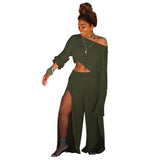 Casual 2 Piece Matching Set Women Clothes One Shoulder Long Sleeve Crop Top+High Split  Wide Leg Pant Tracksuit Two Piece Outfit