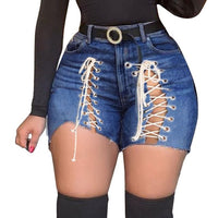 Plus Size Sexy White Blue Hollow Out Denim Shorts 4XL Summer Women High Waist Ripped Tassel Short Jeans Lace Up Bandage Hotpants