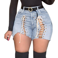 Plus Size Sexy White Blue Hollow Out Denim Shorts 4XL Summer Women High Waist Ripped Tassel Short Jeans Lace Up Bandage Hotpants