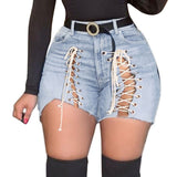 Plus Size Sexy White Blue Hollow Out Denim Shorts 4XL Summer Women High Waist Ripped Tassel Short Jeans Lace Up Bandage Hotpants