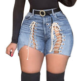 Plus Size Sexy White Blue Hollow Out Denim Shorts 4XL Summer Women High Waist Ripped Tassel Short Jeans Lace Up Bandage Hotpants