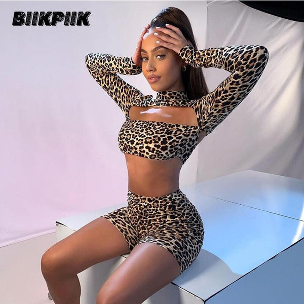 BIIKPIIK Hollow Out Leopard Print Women Two Piece Sets Casual Lounge Wear O-Neck Bodycon Female Suits Biker Shorts Set Outifits