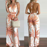 Summer Women Sexy Backless Halter Sleeveless One Piece Wide Leg Pants Tropical Print Halter V Neck Jumpsuit Holiday Wear