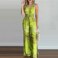 Summer Women Sexy Backless Halter Sleeveless One Piece Wide Leg Pants Tropical Print Halter V Neck Jumpsuit Holiday Wear