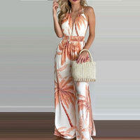 Summer Women Sexy Backless Halter Sleeveless One Piece Wide Leg Pants Tropical Print Halter V Neck Jumpsuit Holiday Wear