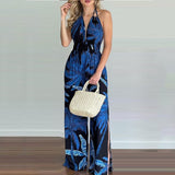 Summer Women Sexy Backless Halter Sleeveless One Piece Wide Leg Pants Tropical Print Halter V Neck Jumpsuit Holiday Wear