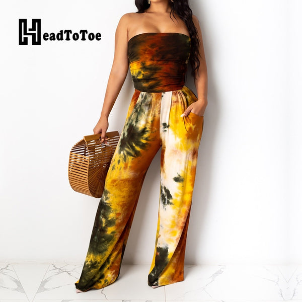 Tie Dye Print Sexy Stralpless Ruhced Rompers Women Jumpsuit Pocket Design Slim One Piece Jumpsuit Overalls