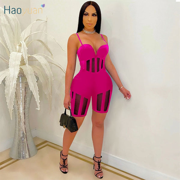 HAOYUAN Sexy Mesh Sheer Bodycon Playsuit Off Shoulder Rompers Womens Jumpsuit Shorts Summer Overalls One Piece Clubwear Outfits