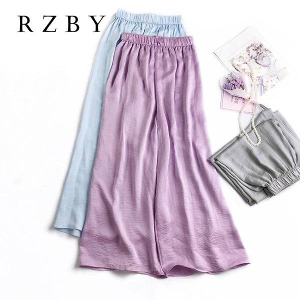 Wide leg pants  Silk pants Women Summer Trousers Wide Leg Loose Pants Ankle Length Pants Casual trouser Elastic Waist RZBY110