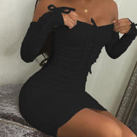2021 Spring Summer Fashion Solid Party Sexy Slim Dresses Women Elegant Long Sleeve Ruched Club Dress Mini Tight Strapless