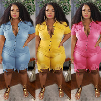 S-5XL Plus Size Clothing Jeans Jumpsuits Women Short Sleeve Bodysuit Ripped Denim Shorts Jumpsuits Wholesale Dropshipping