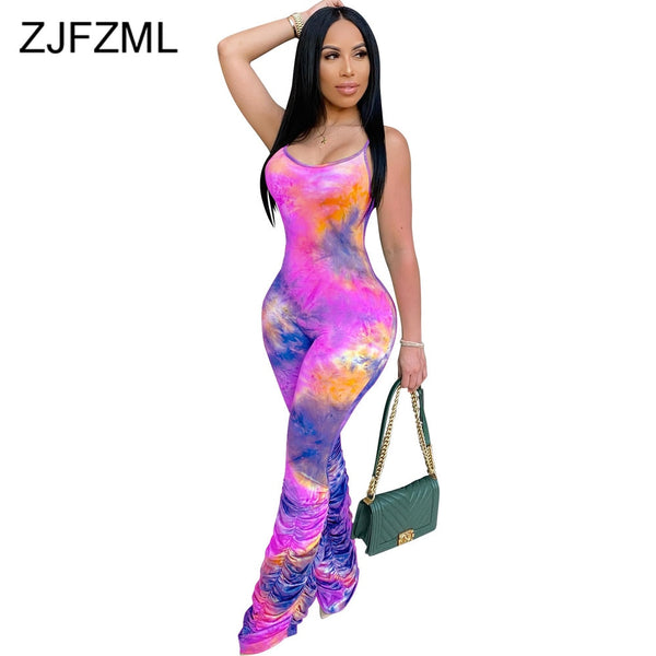 Rainbow Tie Dye Print Romper Women Jumpsuit Spaghetti Strap Sleeveless Stacked Legging Vintage O Neck Backless One Piece Overall