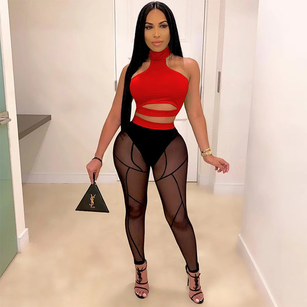 HAOYUAN Sexy Mesh Sheer Two Piece Set Jumpsuit Fall Women Clothing Tracksuit Crop Top+Bodycon Pants Suit Club Birthday Outfits