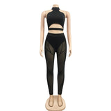 HAOYUAN Sexy Mesh Sheer Two Piece Set Jumpsuit Fall Women Clothing Tracksuit Crop Top+Bodycon Pants Suit Club Birthday Outfits