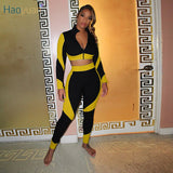 HAOYUAN Sexy Patchwork Two Piece Set Jumpsuit Long Sleeve Zip Crop Top+fitness Pants Tracksuit Women Fall Clothing Club Outfits
