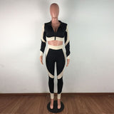 HAOYUAN Sexy Patchwork Two Piece Set Jumpsuit Long Sleeve Zip Crop Top+fitness Pants Tracksuit Women Fall Clothing Club Outfits