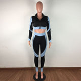 HAOYUAN Sexy Patchwork Two Piece Set Jumpsuit Long Sleeve Zip Crop Top+fitness Pants Tracksuit Women Fall Clothing Club Outfits