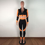 HAOYUAN Sexy Patchwork Two Piece Set Jumpsuit Long Sleeve Zip Crop Top+fitness Pants Tracksuit Women Fall Clothing Club Outfits