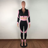 HAOYUAN Sexy Patchwork Two Piece Set Jumpsuit Long Sleeve Zip Crop Top+fitness Pants Tracksuit Women Fall Clothing Club Outfits
