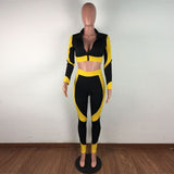 HAOYUAN Sexy Patchwork Two Piece Set Jumpsuit Long Sleeve Zip Crop Top+fitness Pants Tracksuit Women Fall Clothing Club Outfits