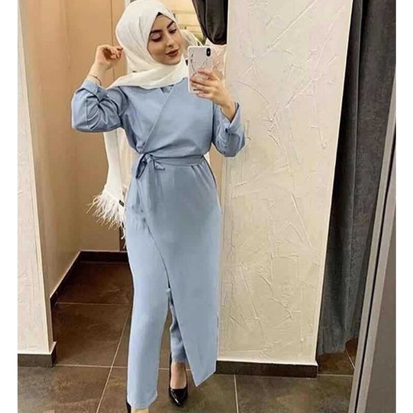 WEPBEL Ultra-Long Waist Jumpsuit Elegant Plain Dress Women Muslim Jumpsuits Dress Solid Color Long Sleeve Islamic Clothing