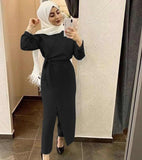 WEPBEL Ultra-Long Waist Jumpsuit Elegant Plain Dress Women Muslim Jumpsuits Dress Solid Color Long Sleeve Islamic Clothing