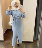 WEPBEL Ultra-Long Waist Jumpsuit Elegant Plain Dress Women Muslim Jumpsuits Dress Solid Color Long Sleeve Islamic Clothing