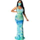 army green women print maxi long dress sexy tank sleeveless mermaid floor-length dresses