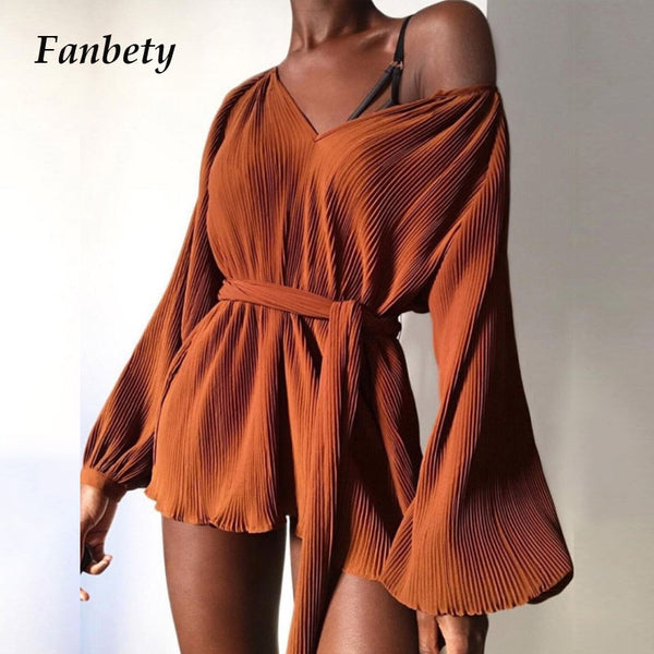 Sexy V-neck Off Shoulder Jumpsuit Romper 2021 Spring Summer Lantern Sleeve Rib Playsuit Women Casual Belted Solid Party Bodysuit