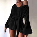Sexy V-neck Off Shoulder Jumpsuit Romper 2021 Spring Summer Lantern Sleeve Rib Playsuit Women Casual Belted Solid Party Bodysuit