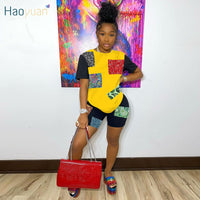 HAOYUAN Sexy Bandana Patchwork Two Piece Set T Shirt Top Biker Shorts for Women Summer Vacation Outfits Loungewear Matching Sets
