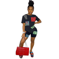 HAOYUAN Sexy Bandana Patchwork Two Piece Set T Shirt Top Biker Shorts for Women Summer Vacation Outfits Loungewear Matching Sets
